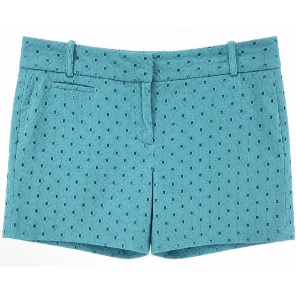 LOFT Riviera Shorts Women’s 12 Teal Eyelet Embroidery Cotton Lined Summer Chic